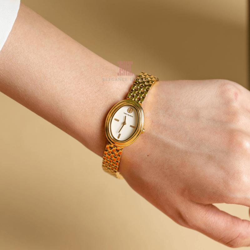 Tory Burch Oval White Dial Gold Steel Strap Watch for Women - TBW6032