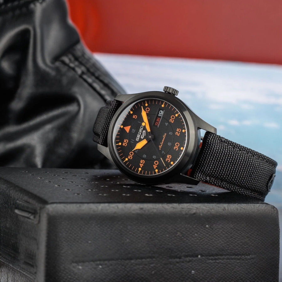 Seiko 5 Sports Flieger Pilot Automatic Black Dial Black Nylon Strap Watch for Men - SRPH33K1