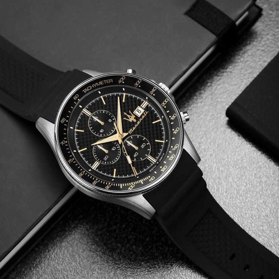 Maserati SFIDA Chronograph Black Dial Black Silicone Strap Watch for Men - R8871640005