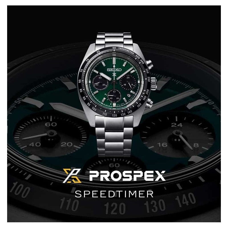 Seiko Prospex Speedtimer Solar Chronograph Green Dial Silver Steel Strap Watch for Men - SSC933
