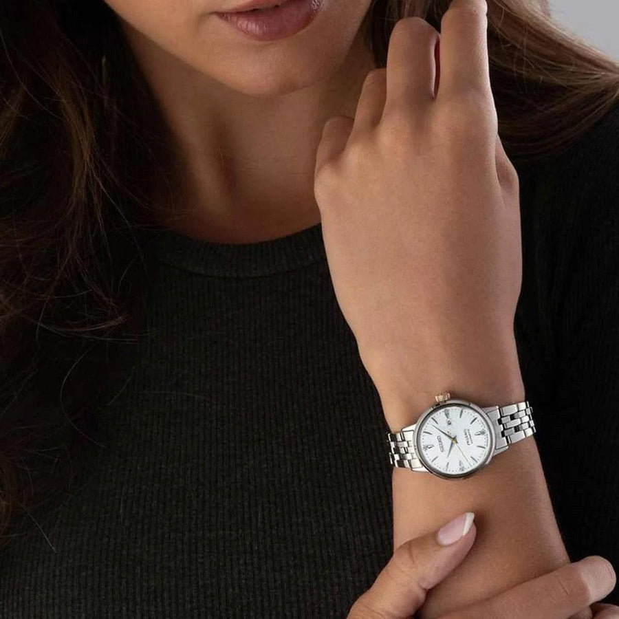 Seiko Presage Cocktail Time Automatic Diamonds White Dial Silver Steel Strap Watch for Women - SRE017J1