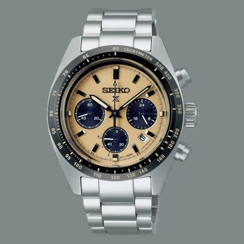 Seiko Prospex Speedtimer Solar Chronograph Gold Dial Silver Steel Strap Watch for Men - SSC817