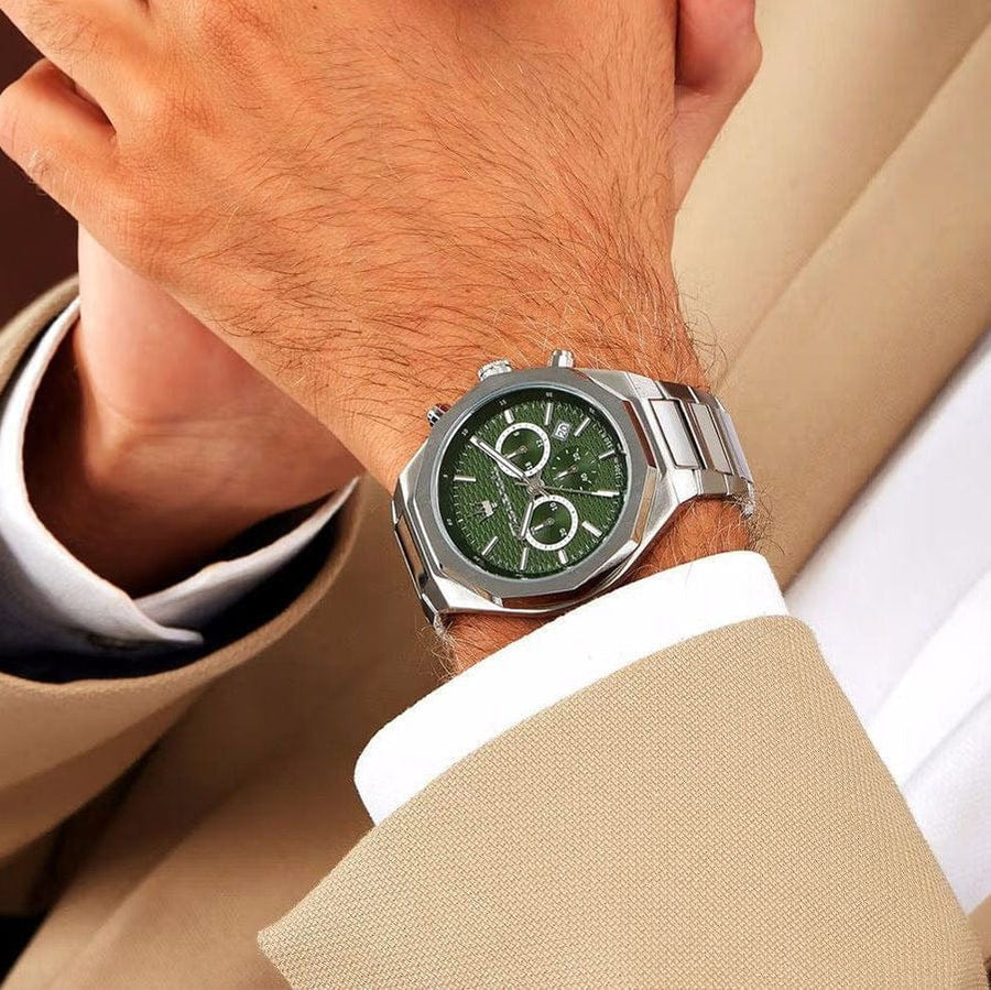 Maserati Stile Chronograph Green Dial Silver Steel Strap Watch for Men - R8873642011