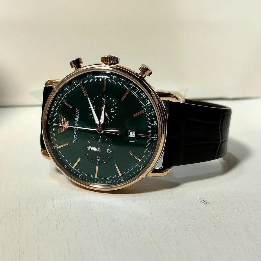 Emporio Armani Aviator Green Dial Brown Leather Strap Watch for Men - AR11334