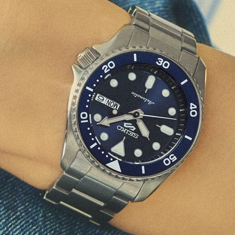Seiko 5 Sports SKX Street Denim Blue Dial Silver Steel Strap Watch for Men - SRPL77K1