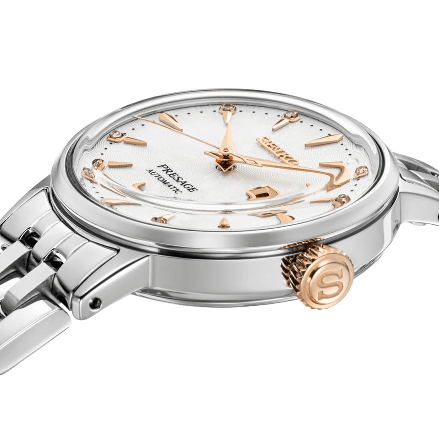 Seiko Presage Cocktail Time Skydiving Automatic Diamonds Mother of Pearl Dial Silver Steel Strap Watch for Women - SRE009J1