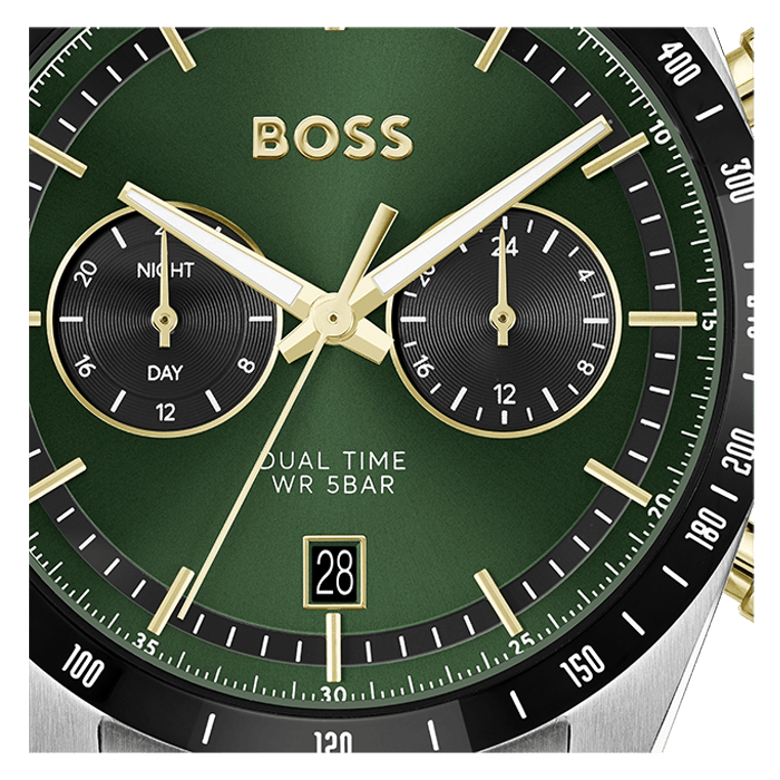 Hugo Boss Tourmaster Chronograph Green Dial Two Tone Steel Strap Watch for Men - 1514287