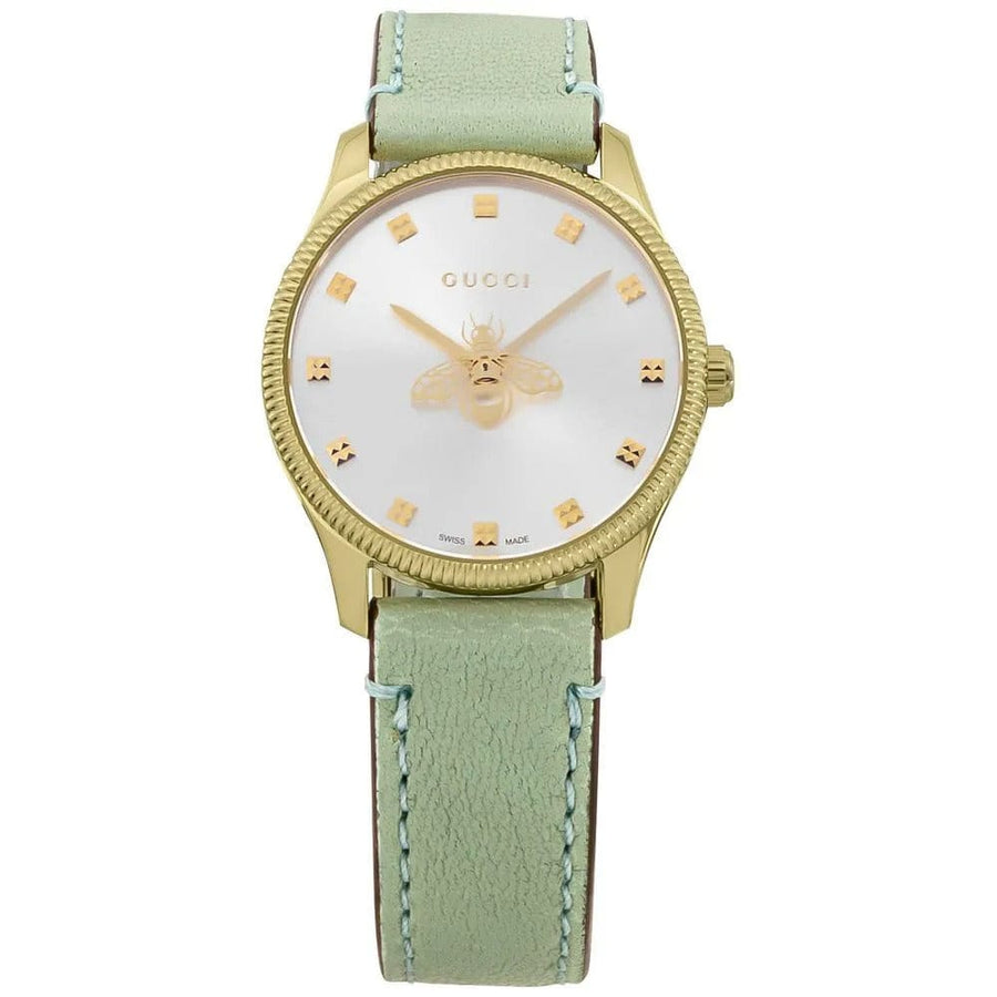Gucci G Timeless Silver Dial Green Leather Strap Watch for Women - YA1265040
