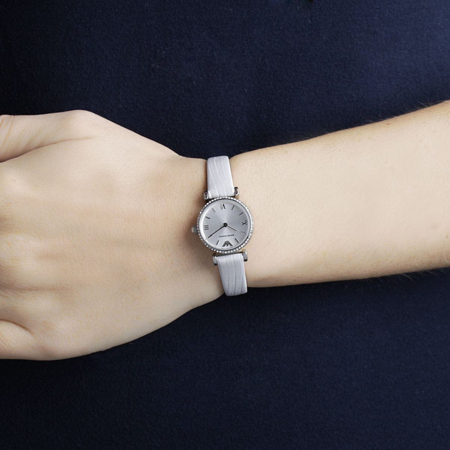 Emporio Armani Gianni T-Bar Silver Dial White Leather Strap Watch for Women - AR1680