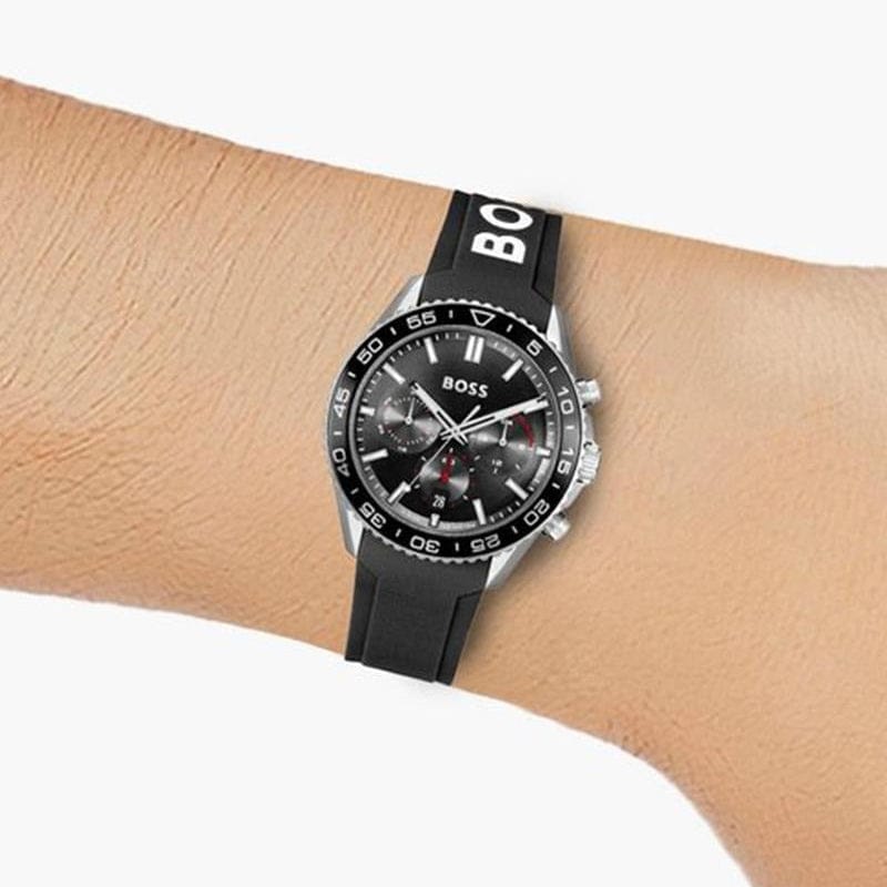 Hugo Boss Runner Chronograph Black Dial Black Silicone Strap Watch for Men - 1514141