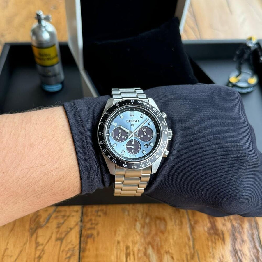 Seiko Prospex Speedtimer 41.4 Solar Chronograph Blue Dial Silver Steel Strap Watch for Men - SSC935