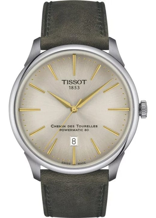 Tissot Chemin des Tourelles Automatic Powermatic 80 Ivory Dial Green Leather Strap Watch for Men - T139.407.16.261.00