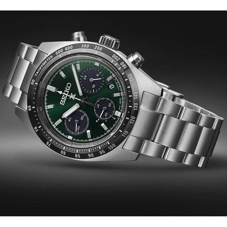 Seiko Prospex Speedtimer Solar Chronograph Green Dial Silver Steel Strap Watch for Men - SSC933