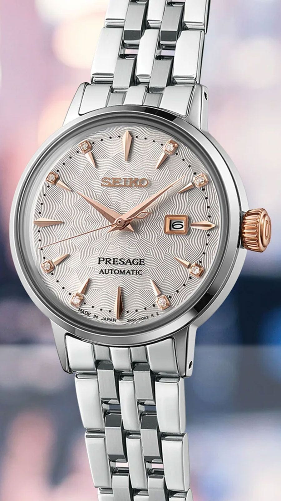 Seiko Presage Cocktail Time Skydiving Automatic Diamonds Mother of Pearl Dial Silver Steel Strap Watch for Women - SRE009J1
