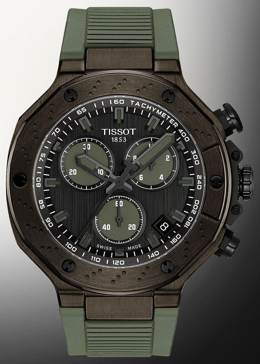 Tissot T Race Chronograph Black Dial Green Rubber Strap Watch for Men - T141.417.37.061.02