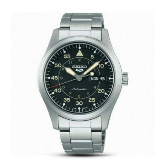 Seiko 5 Sports Flieger Automatic Black Dial Silver Steel Strap Watch for Men - SRPH27K1