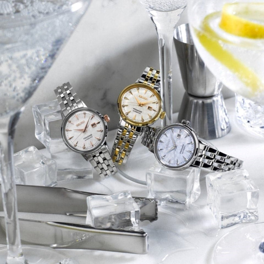 Seiko Presage Cocktail Time Automatic Skydiving Diamonds Blue Dial Silver Steel Strap Watch for Women - SRE007J1