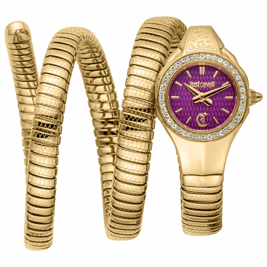 Just Cavalli Vita Purple Dial Gold Steel Strap Watch for Women - JC1L355M0035