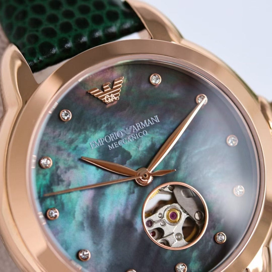 Emporio Armani Mia Meccanico Mother of Pearl Dial Green Leather Strap Watch for Women - AR60073