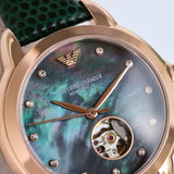 Emporio Armani Mia Meccanico Mother of Pearl Dial Green Leather Strap Watch for Women - AR60073