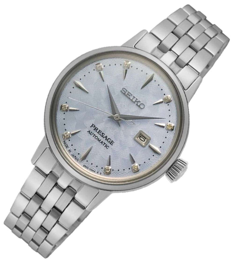 Seiko Presage Cocktail Time Automatic Skydiving Diamonds Blue Dial Silver Steel Strap Watch for Women - SRE007J1