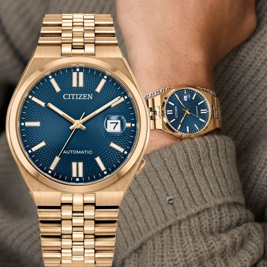 Citizen Tsuyosa 60 Automatic Blue Dial Rose Gold Steel Strap Watch for Men - NK0023-57L