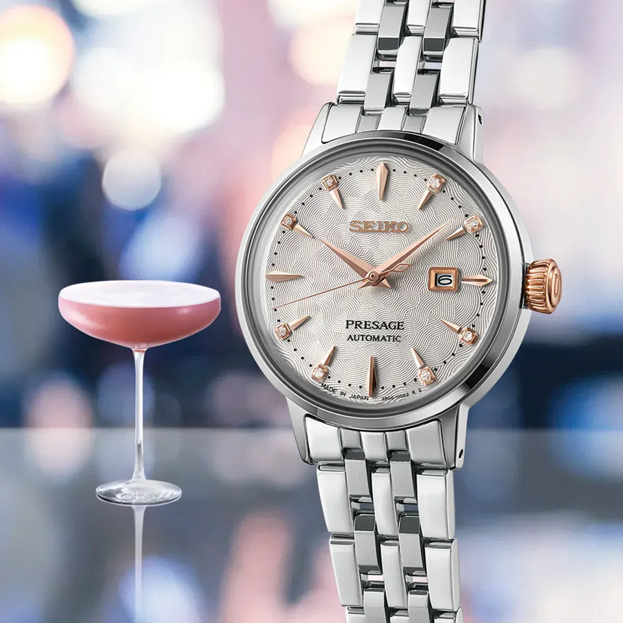Seiko Presage Cocktail Time Skydiving Automatic Diamonds Mother of Pearl Dial Silver Steel Strap Watch for Women - SRE009J1