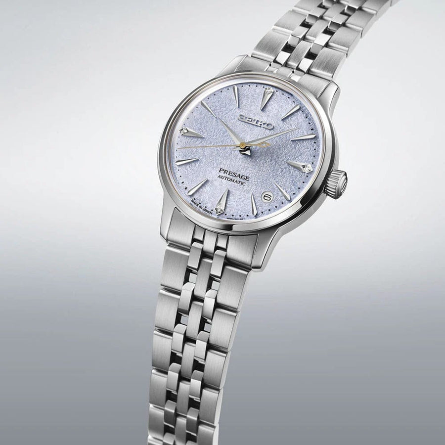 Seiko Presage Cocktail Time Automatic Skydiving Diamonds Blue Dial Silver Steel Strap Watch for Women - SRE007J1