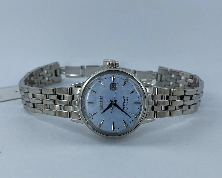 Seiko Presage Cocktail Time Automatic Skydiving Diamonds Blue Dial Silver Steel Strap Watch for Women - SRE007J1