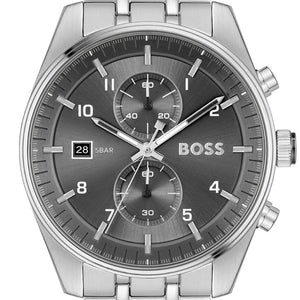Hugo Boss Skytraveller Chronograph Grey Dial Silver Steel Strap Watch for Men - 1514151