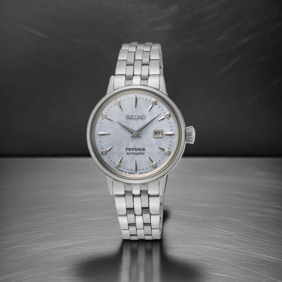Seiko Presage Cocktail Time Automatic Skydiving Diamonds Blue Dial Silver Steel Strap Watch for Women - SRE007J1