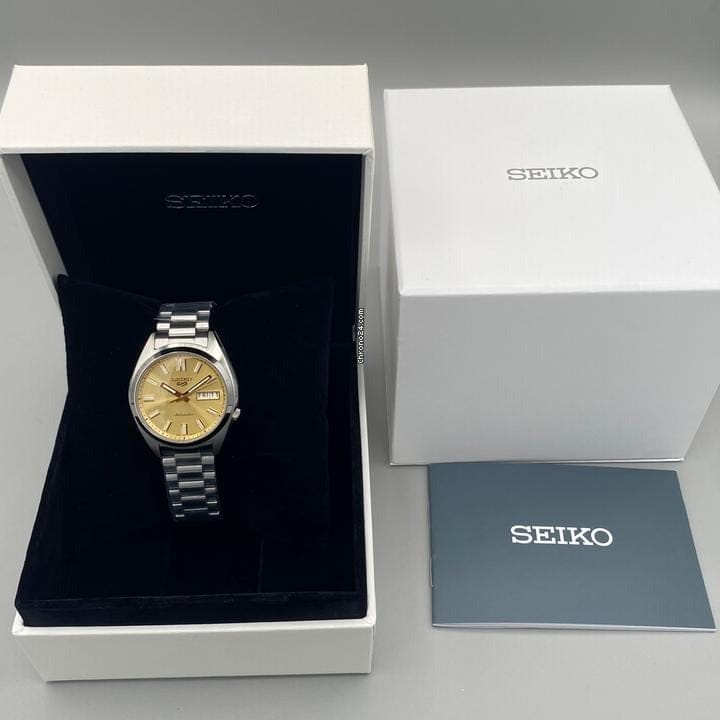 Seiko 5 Sports SNXS Automatic Gold Dial Silver Steel Strap Watch for Men - SRPL59K1