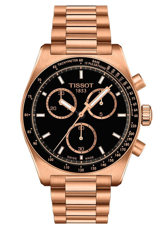 Tissot PRS 516 Chronograph Black Dial Rose Gold Steel Strap Watch for Men - T149.417.33.051.00