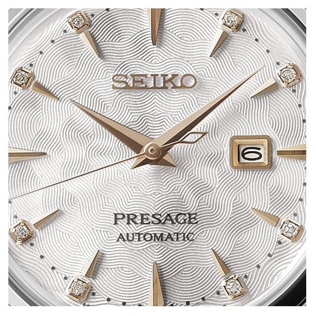 Seiko Presage Cocktail Time Skydiving Automatic Diamonds Mother of Pearl Dial Silver Steel Strap Watch for Women - SRE009J1