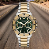 Emporio Armani Sea Explorer Chronograph Green Dial Two Tone Steel Strap Watch for Men - AR11586