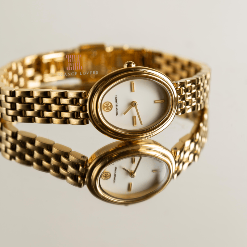 Tory Burch Oval White Dial Gold Steel Strap Watch for Women - TBW6032
