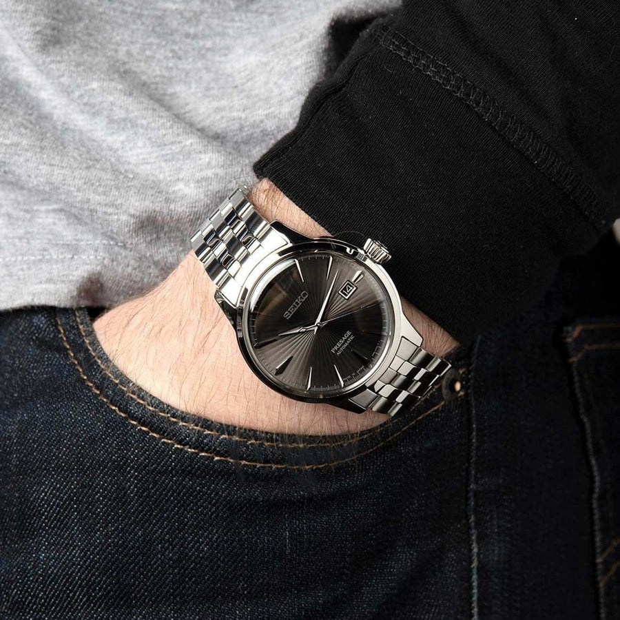 Seiko Presage Cocktail Time Automatic Black Dial Silver Steel Strap Watch for Men - SRPE17J1