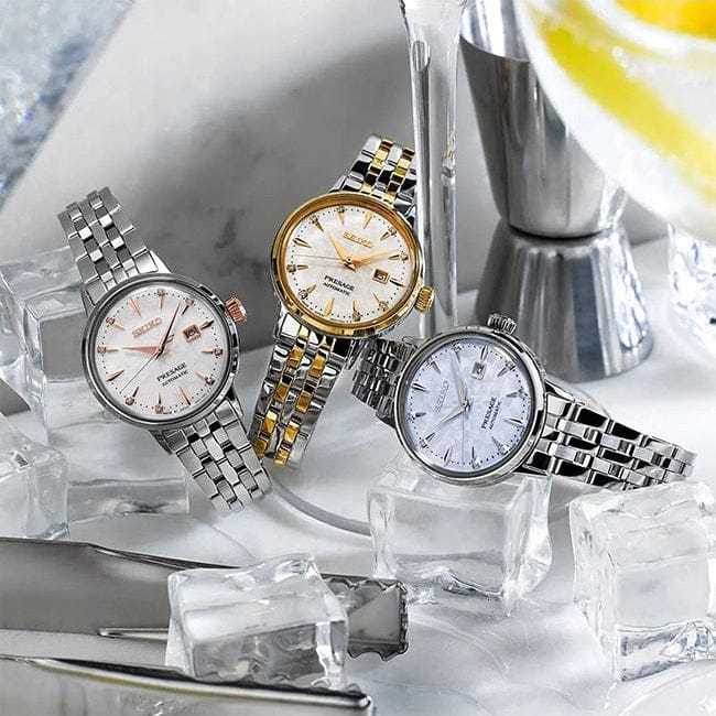 Seiko Presage Cocktail Time Automatic Skydiving Diamonds Blue Dial Silver Steel Strap Watch for Women - SRE007J1