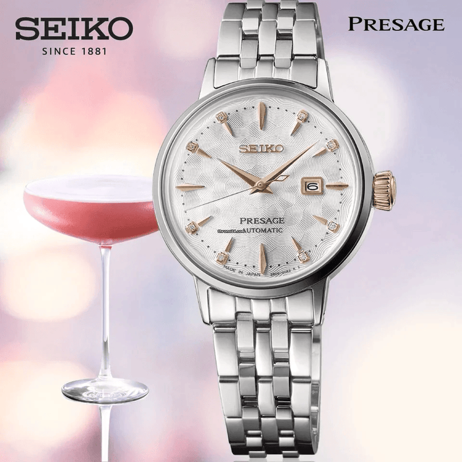 Seiko Presage Cocktail Time Skydiving Automatic Diamonds Mother of Pearl Dial Silver Steel Strap Watch for Women - SRE009J1