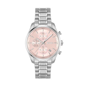 Hugo Boss Grand Tour Chronograph Pink Mother of Pearl Dial Silver Steel Strap Watch for Women - 1502765