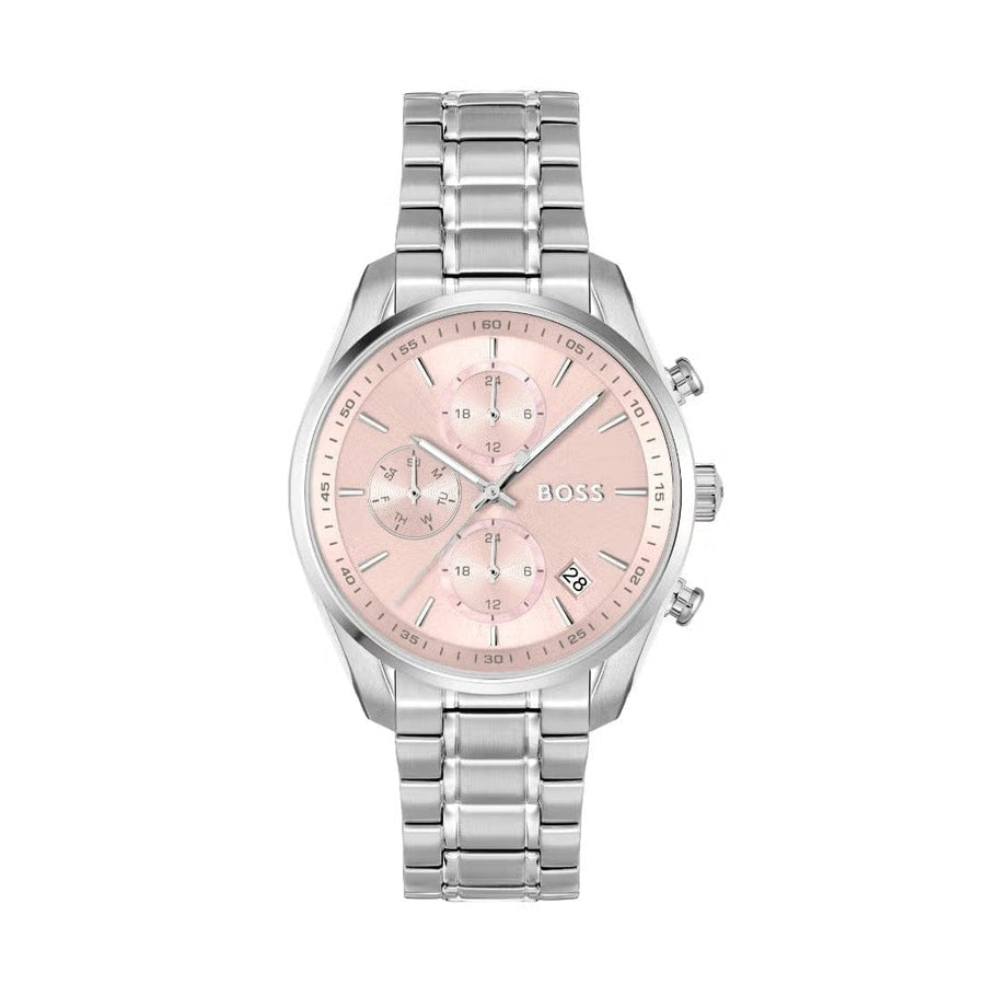 Hugo Boss Grand Tour Chronograph Pink Mother of Pearl Dial Silver Steel Strap Watch for Women - 1502765
