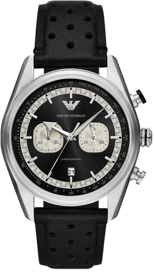 Emporio Armani Racer Chronograph Black Dial Black Leather Strap Watch for Men - AR11635