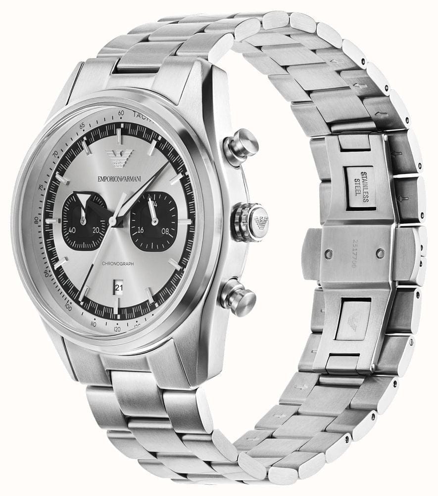 Emporio Armani Racer Chronograph Silver Dial Silver Steel Strap Watch for Men - AR11636
