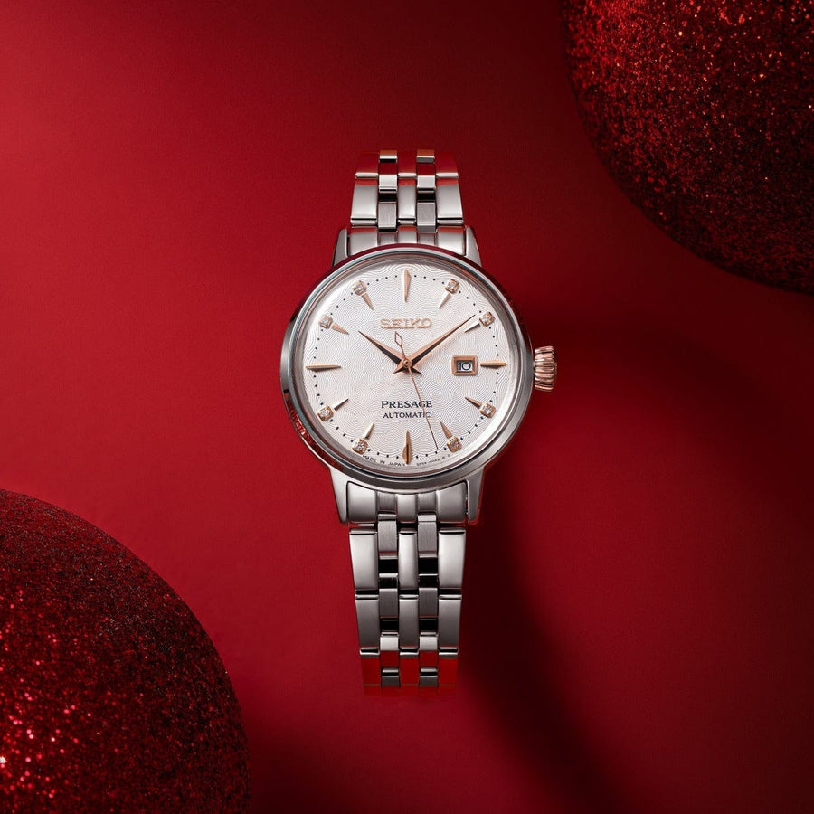 Seiko Presage Cocktail Time Skydiving Automatic Diamonds Mother of Pearl Dial Silver Steel Strap Watch for Women - SRE009J1