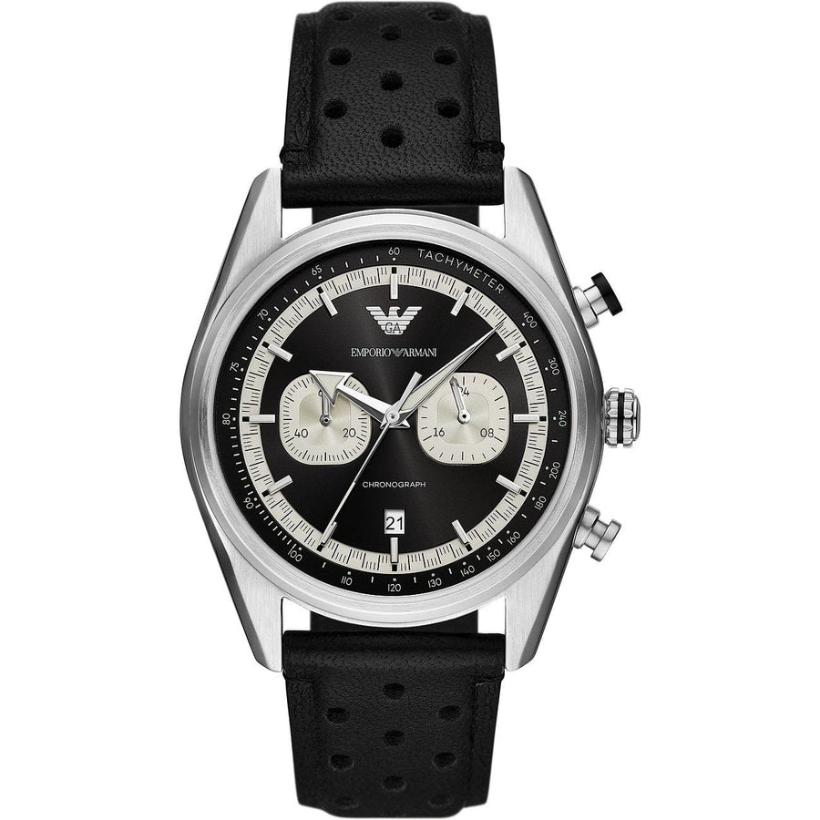 Emporio Armani Racer Chronograph Black Dial Black Leather Strap Watch for Men - AR11635