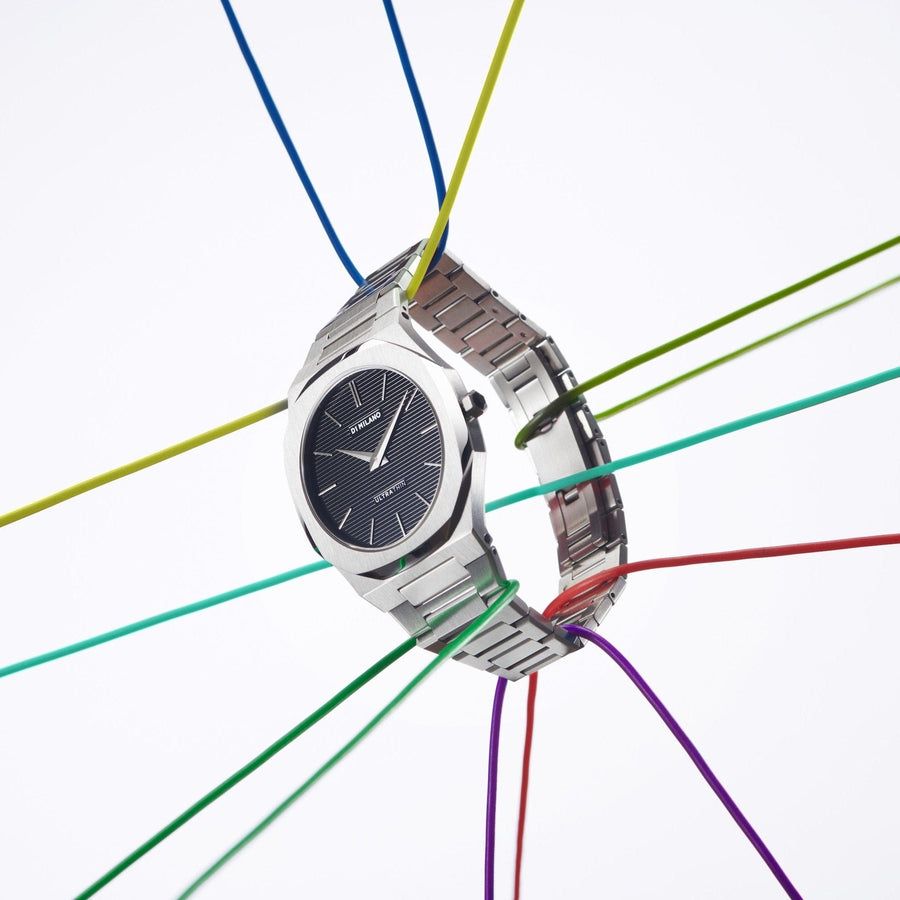 D1 Milano Ultra Thin Black Dial Silver Steel Strap Watch for Men - D1-UTBJ14