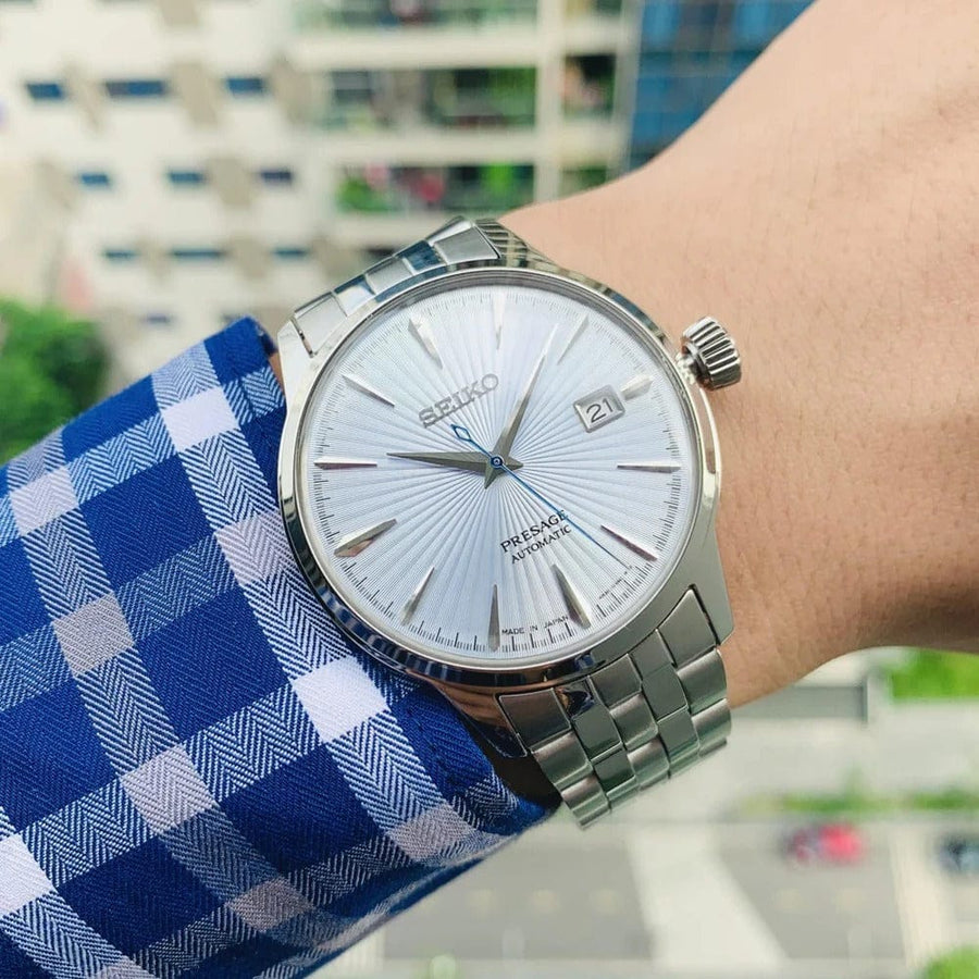 Seiko Presage Cocktail Time Automatic Ice Blue Dial Silver Steel Strap Watch for Men - SRPE19J1