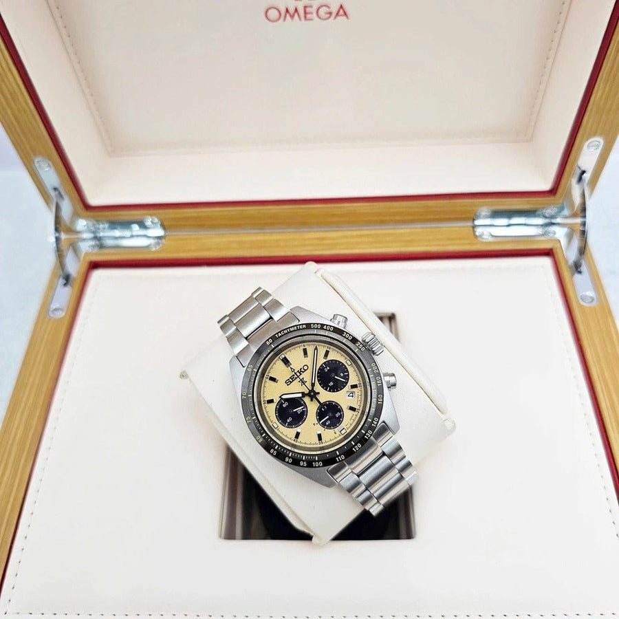 Seiko Prospex Speedtimer Solar Chronograph Gold Dial Silver Steel Strap Watch for Men - SSC817