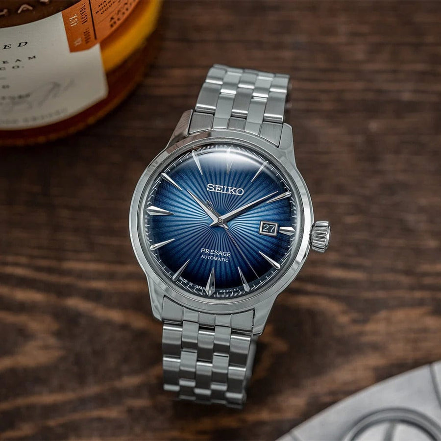 Seiko Presage Cocktail Time Automatic Blue Dial Silver Steel Strap Watch for Men - SRPB41J1