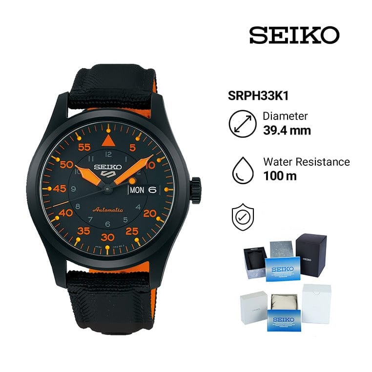 Seiko 5 Sports Flieger Pilot Automatic Black Dial Black Nylon Strap Watch for Men - SRPH33K1